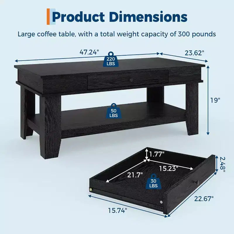 Table basse rectangulaire rustique avec tiroir coulissant et étagère ouverte, style ferme