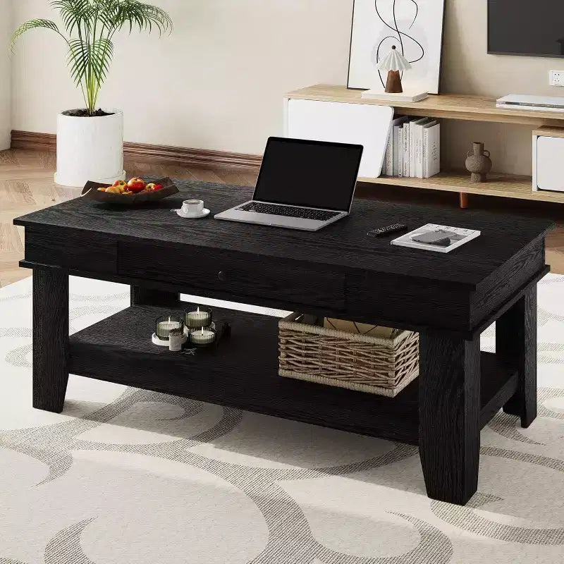Table basse rectangulaire rustique avec tiroir coulissant et étagère ouverte, style ferme