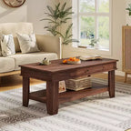 Table basse rectangulaire rustique avec tiroir coulissant et étagère ouverte, style ferme
