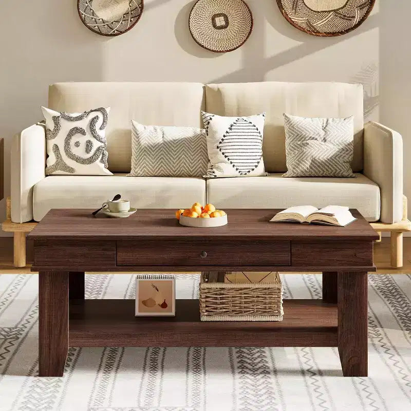 Table basse rectangulaire rustique avec tiroir coulissant et étagère ouverte, style ferme