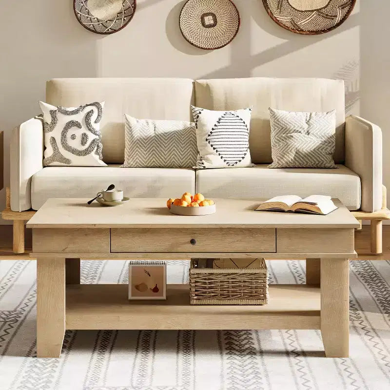 Table basse rectangulaire rustique avec tiroir coulissant et étagère ouverte, style ferme