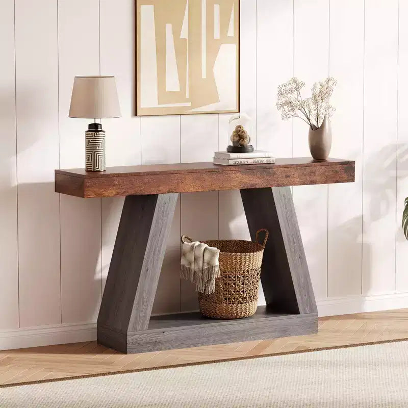 Console étroite de style campagnard de 55 pouces à 2 niveaux avec étagères de rangement ouvertes, bois et métal industriel