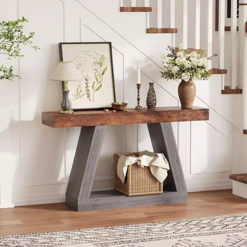 Console étroite de style campagnard de 55 pouces à 2 niveaux avec étagères de rangement ouvertes, bois et métal industriel