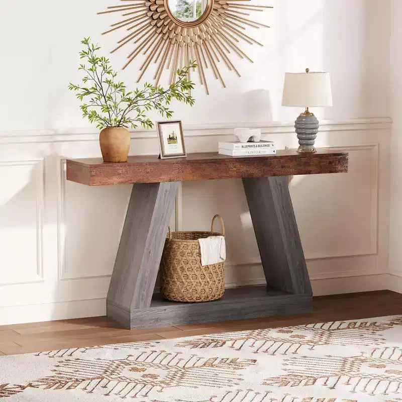 Console étroite de style campagnard de 55 pouces à 2 niveaux avec étagères de rangement ouvertes, bois et métal industriel