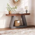 Console étroite de style campagnard de 55 pouces à 2 niveaux avec étagères de rangement ouvertes, bois et métal industriel