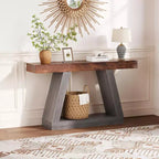Console étroite de style campagnard de 55 pouces à 2 niveaux avec étagères de rangement ouvertes, bois et métal industriel
