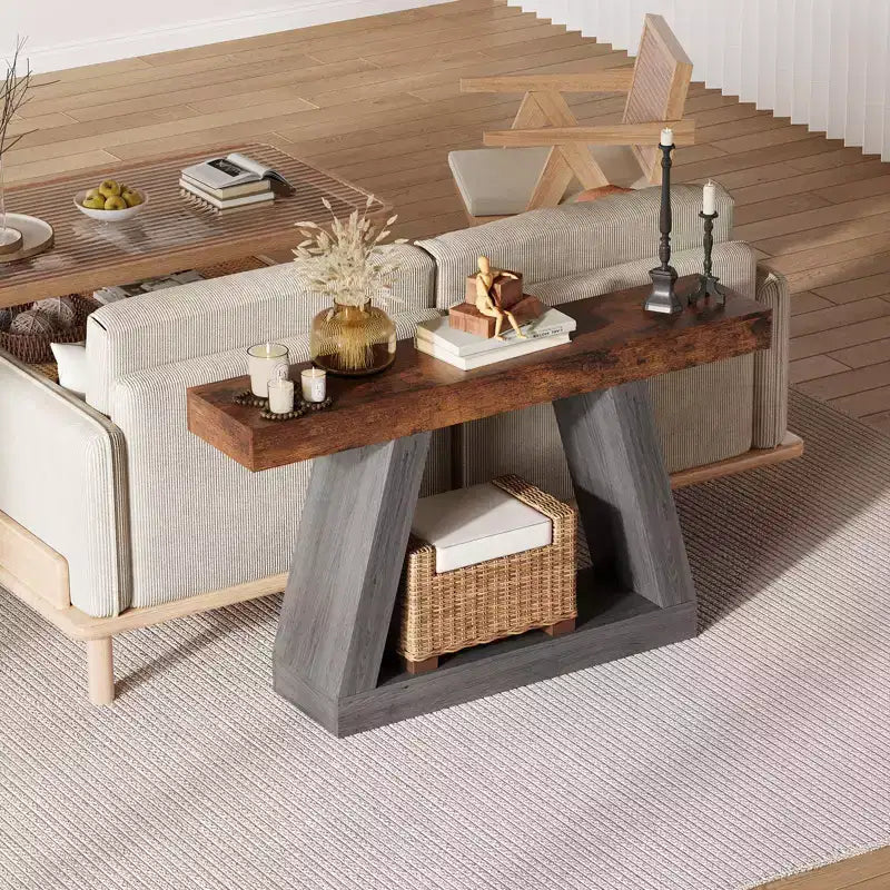 Console étroite de style campagnard de 55 pouces à 2 niveaux avec étagères de rangement ouvertes, bois et métal industriel