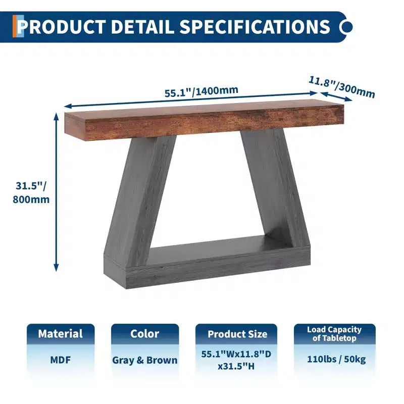Console étroite de style campagnard de 55 pouces à 2 niveaux avec étagères de rangement ouvertes, bois et métal industriel