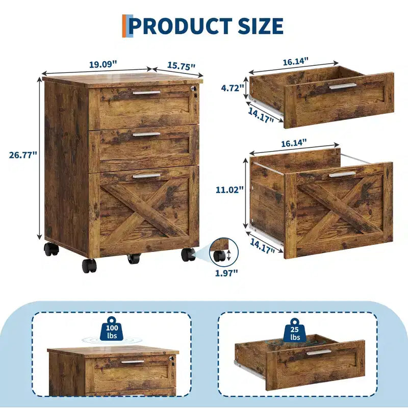 Caisson de classement mobile à 3 tiroirs avec serrure et roulettes, rangement de bureau sous le bureau pour documents de format Lettre, A4, Légal