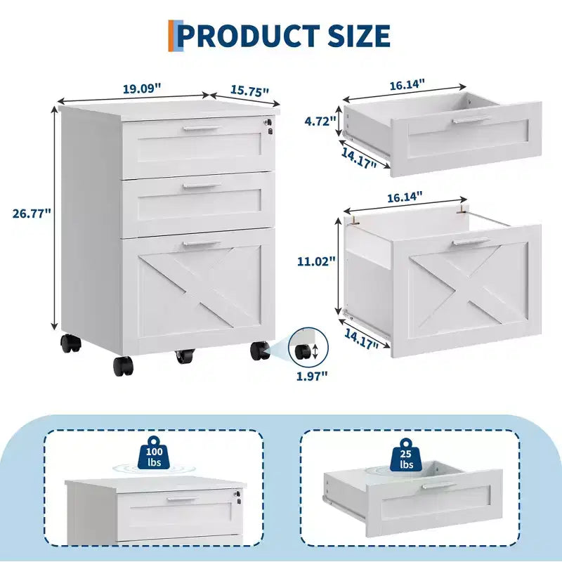 Caisson de classement mobile à 3 tiroirs avec serrure et roulettes, rangement de bureau sous le bureau pour documents de format Lettre, A4, Légal
