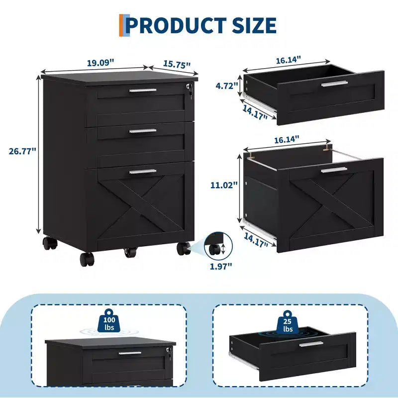 Caisson de classement mobile à 3 tiroirs avec serrure et roulettes, rangement de bureau sous le bureau pour documents de format Lettre, A4, Légal