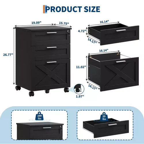 Caisson de classement mobile à 3 tiroirs avec serrure et roulettes, rangement de bureau sous le bureau pour documents de format Lettre, A4, Légal
