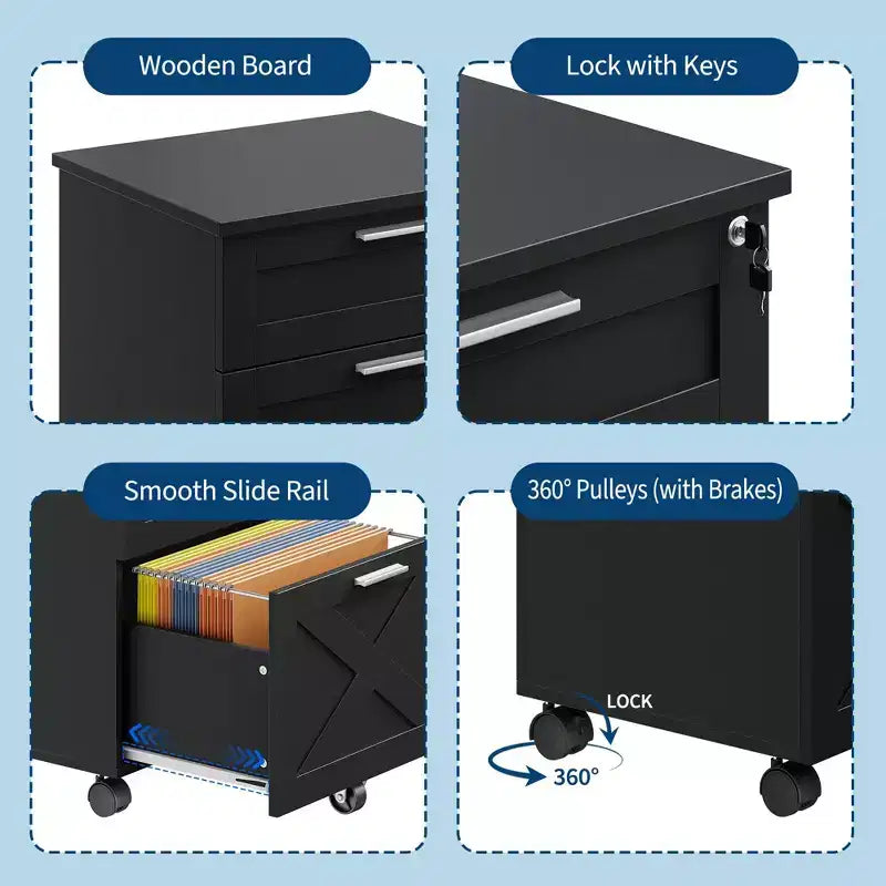 Caisson de classement mobile à 3 tiroirs avec serrure et roulettes, rangement de bureau sous le bureau pour documents de format Lettre, A4, Légal