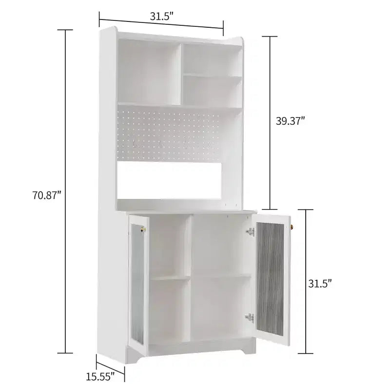 Meuble de garde-manger de 180 cm de haut avec 2 portes vitrées, panneau perforé DIY et étagères réglables, style ferme moderne