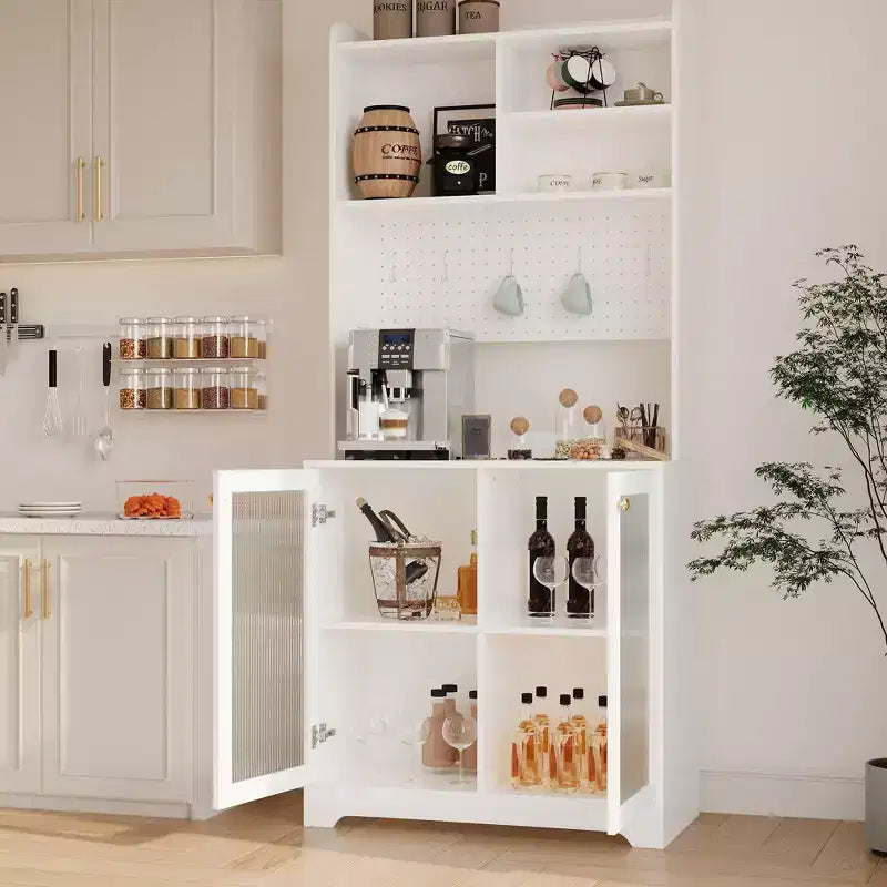 Meuble de garde-manger de 180 cm de haut avec 2 portes vitrées, panneau perforé DIY et étagères réglables, style ferme moderne
