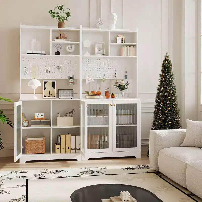 Meuble de garde-manger de 180 cm de haut avec 2 portes vitrées, panneau perforé DIY et étagères réglables, style ferme moderne