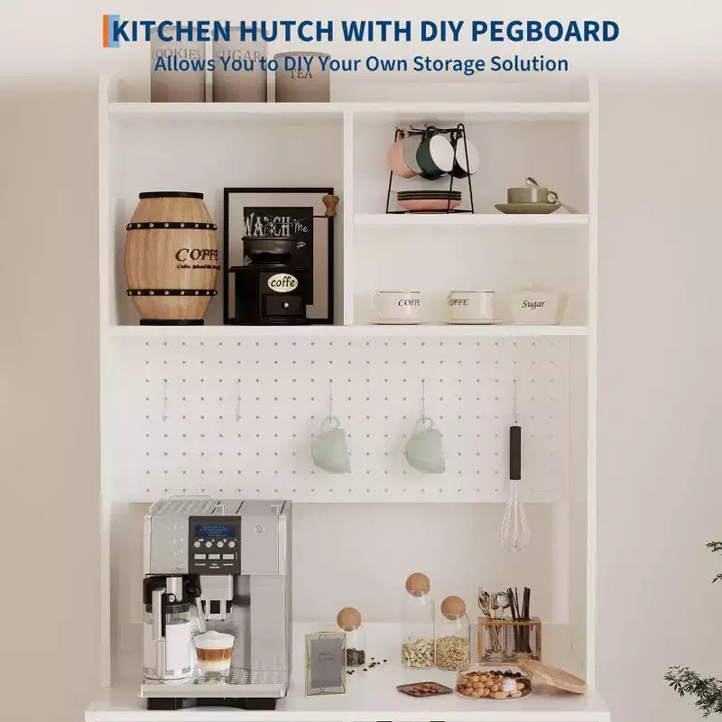 Meuble de garde-manger de 180 cm de haut avec 2 portes vitrées, panneau perforé DIY et étagères réglables, style ferme moderne