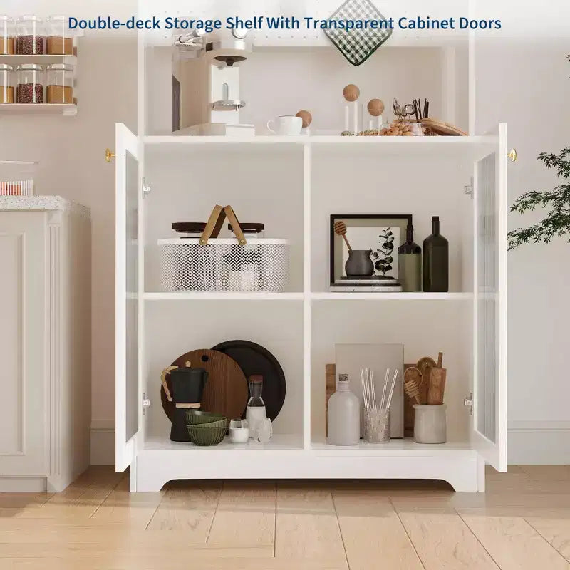 Meuble de garde-manger de 180 cm de haut avec 2 portes vitrées, panneau perforé DIY et étagères réglables, style ferme moderne