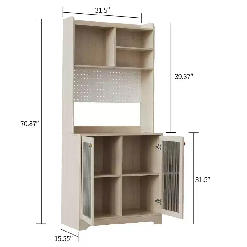 Meuble de garde-manger de 180 cm de haut avec 2 portes vitrées, panneau perforé DIY et étagères réglables, style ferme moderne