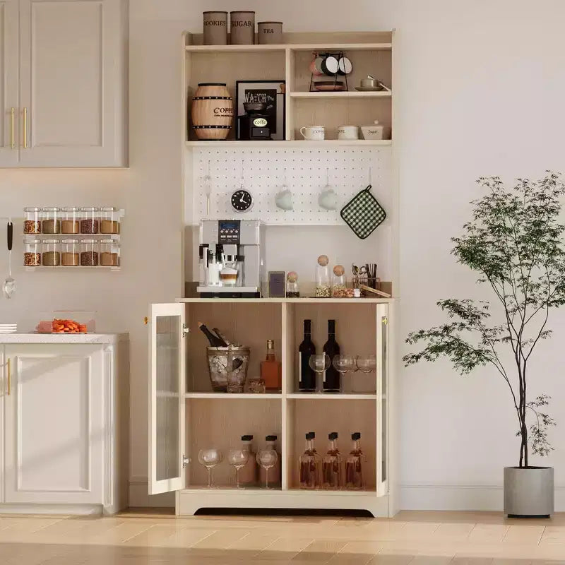 Meuble de garde-manger de 180 cm de haut avec 2 portes vitrées, panneau perforé DIY et étagères réglables, style ferme moderne