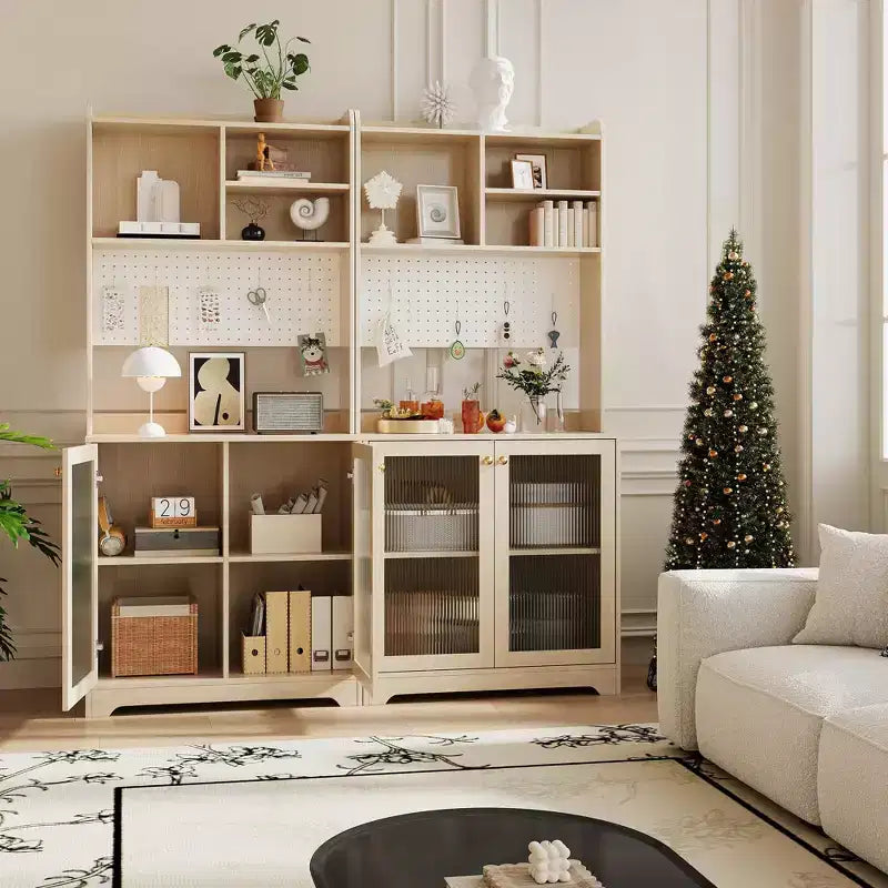 Meuble de garde-manger de 180 cm de haut avec 2 portes vitrées, panneau perforé DIY et étagères réglables, style ferme moderne