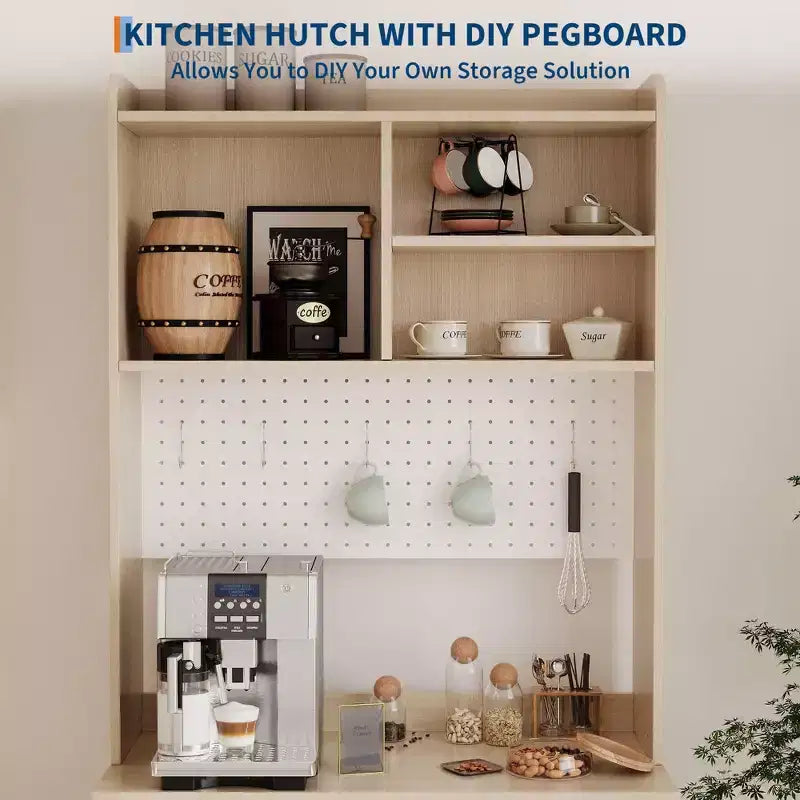 Meuble de garde-manger de 180 cm de haut avec 2 portes vitrées, panneau perforé DIY et étagères réglables, style ferme moderne