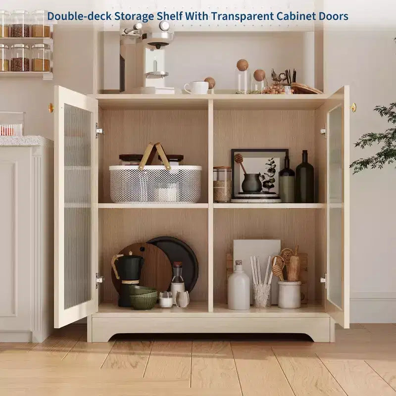 Meuble de garde-manger de 180 cm de haut avec 2 portes vitrées, panneau perforé DIY et étagères réglables, style ferme moderne