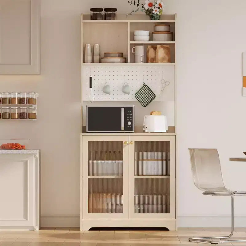 Meuble de garde-manger de 180 cm de haut avec 2 portes vitrées, panneau perforé DIY et étagères réglables, style ferme moderne