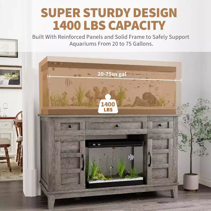 Meuble de support pour aquarium de 200-280 litres avec prise de courant, 3 tiroirs et placards, 635 kg, style ferme