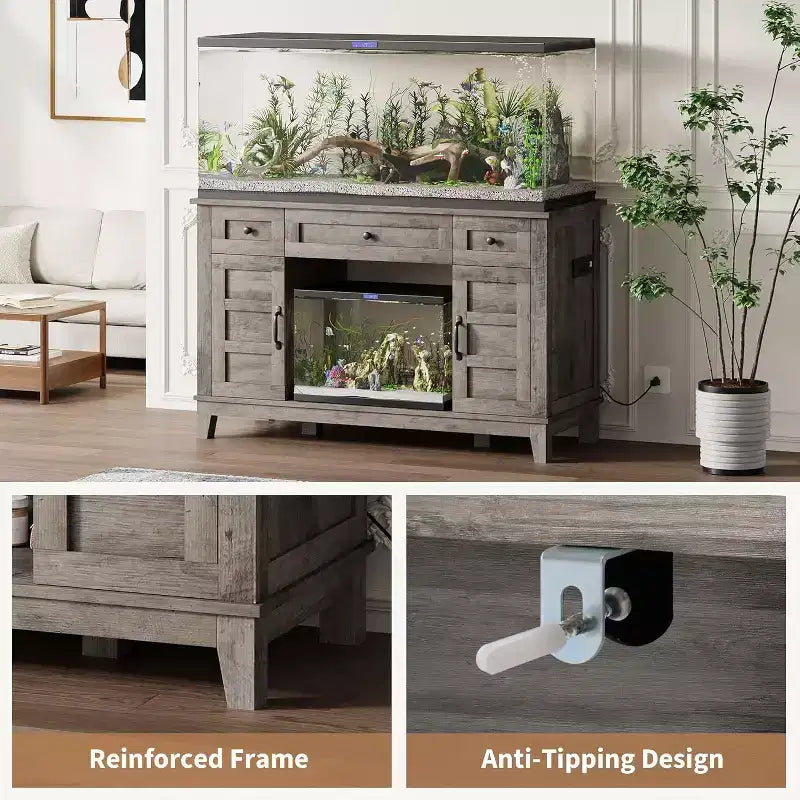 Meuble de support pour aquarium de 200-280 litres avec prise de courant, 3 tiroirs et placards, 635 kg, style ferme