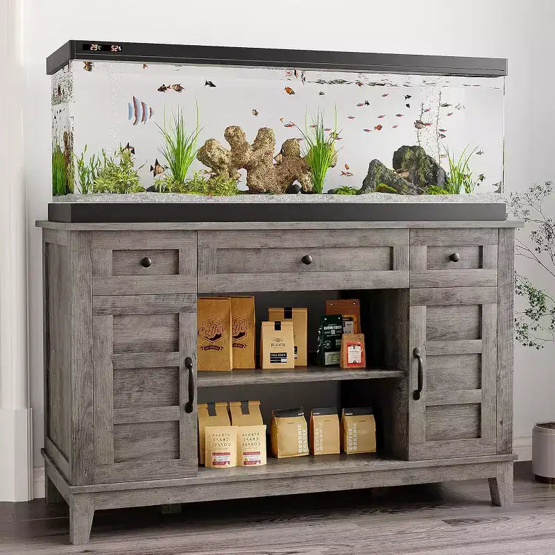 Meuble de support pour aquarium de 200-280 litres avec prise de courant, 3 tiroirs et placards, 635 kg, style ferme