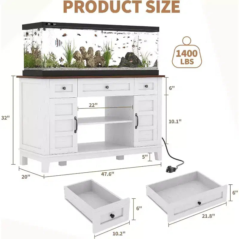 Meuble de support pour aquarium de 200-280 litres avec prise de courant, 3 tiroirs et placards, 635 kg, style ferme