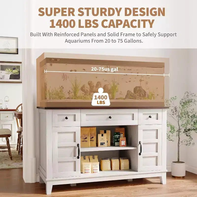 Meuble de support pour aquarium de 200-280 litres avec prise de courant, 3 tiroirs et placards, 635 kg, style ferme