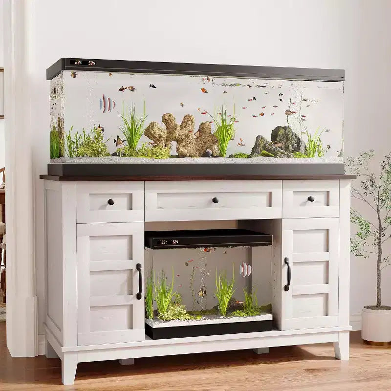 Meuble de support pour aquarium de 200-280 litres avec prise de courant, 3 tiroirs et placards, 635 kg, style ferme