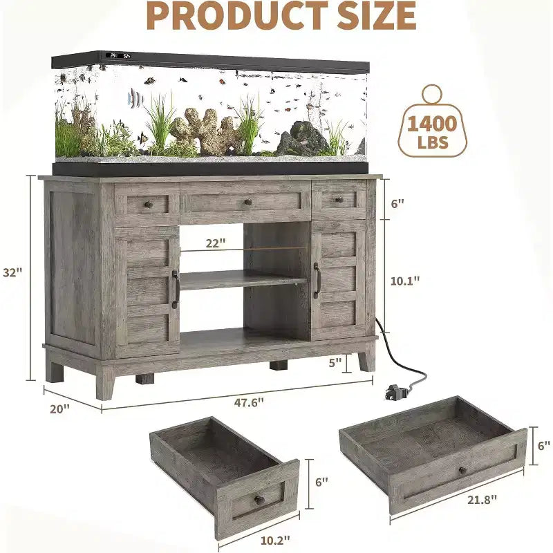 Meuble de support pour aquarium de 200-280 litres avec prise de courant, 3 tiroirs et placards, 635 kg, style ferme