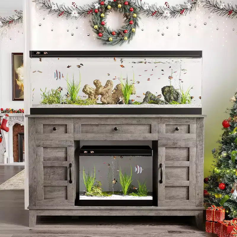 Meuble de support pour aquarium de 200-280 litres avec prise de courant, 3 tiroirs et placards, 635 kg, style ferme
