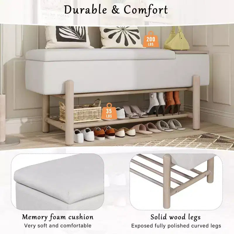Banc de rangement capitonné moderne avec coffre de rangement et étagère à chaussures, banc d'entrée
