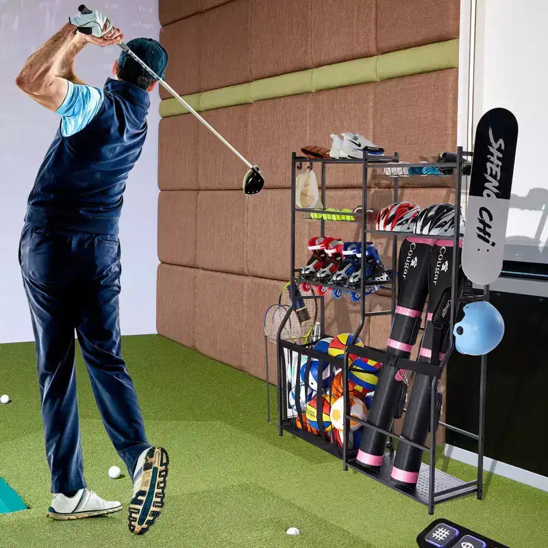 Organisateur de garage pour golf et sports pour 2 sacs de golf, paniers en fil métallique, crochets et 3 étagères, acier