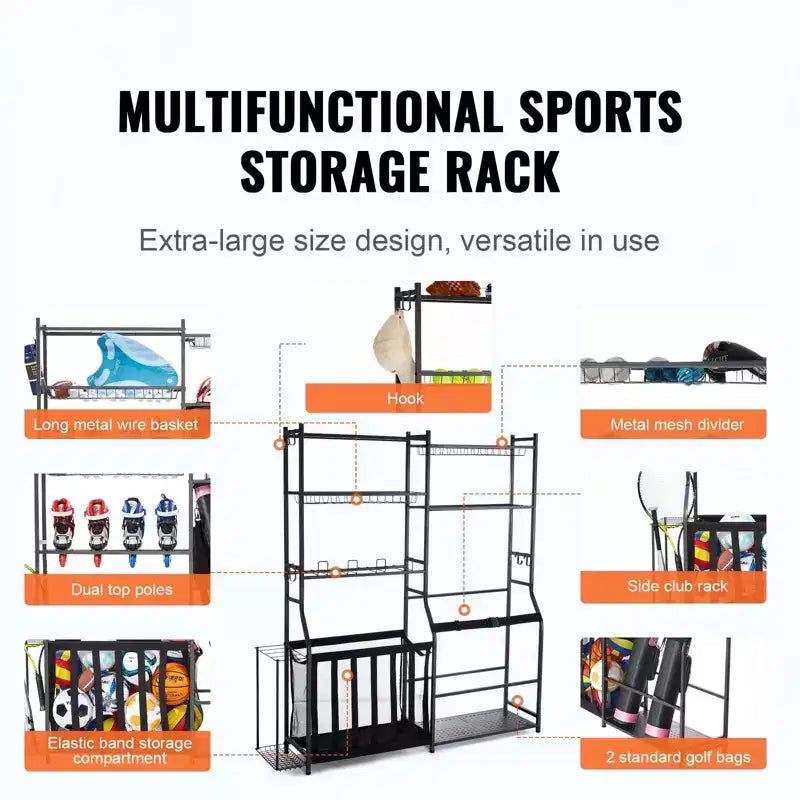 Organisateur de garage pour golf et sports pour 2 sacs de golf, paniers en fil métallique, crochets et 3 étagères, acier