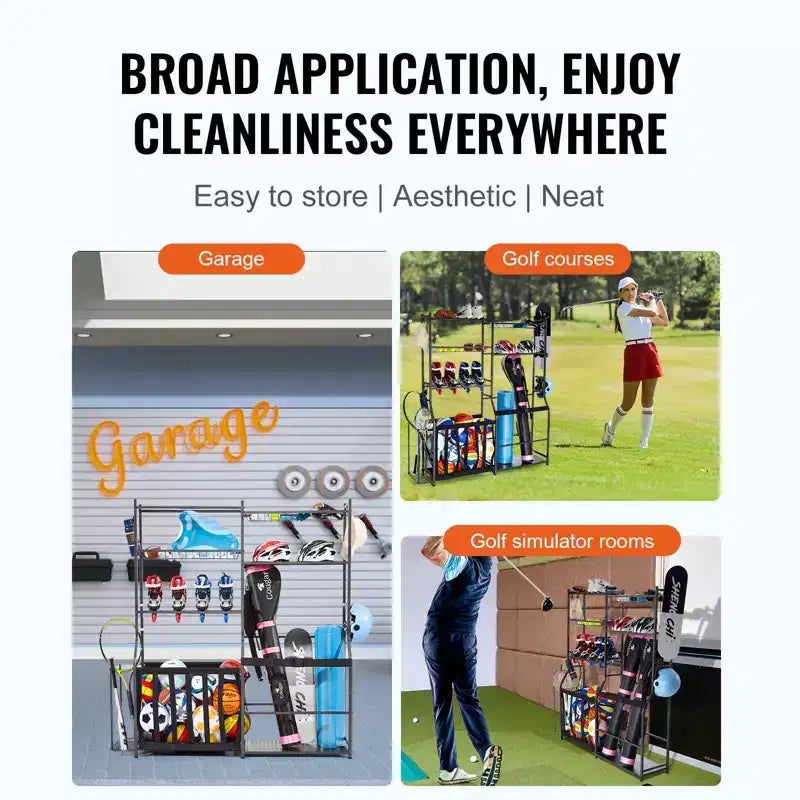 Organisateur de garage pour golf et sports pour 2 sacs de golf, paniers en fil métallique, crochets et 3 étagères, acier