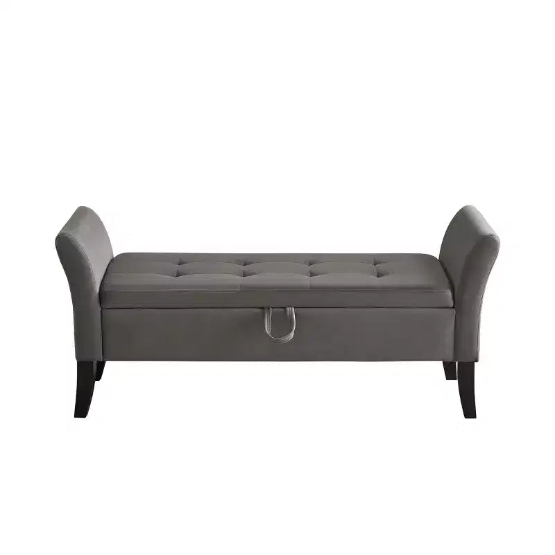 Banc de rangement capitonné en velours avec accoudoirs incurvés et pieds en bois massif, Pouf gris