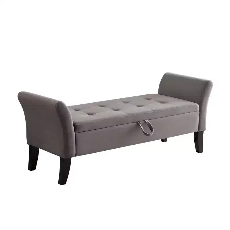 Banc de rangement capitonné en velours avec accoudoirs incurvés et pieds en bois massif, Pouf gris
