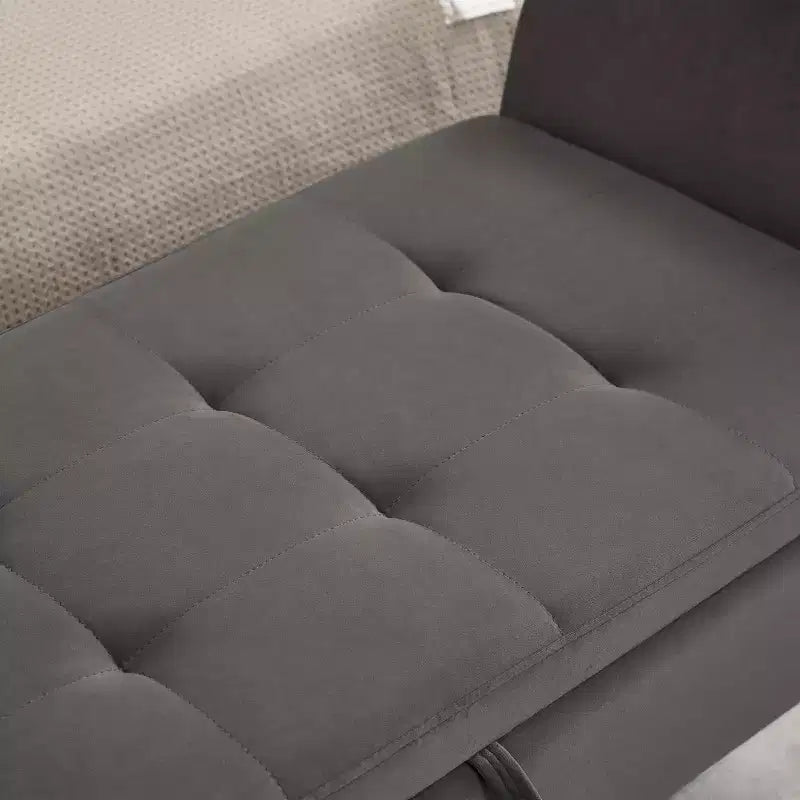 Banc de rangement capitonné en velours avec accoudoirs incurvés et pieds en bois massif, Pouf gris