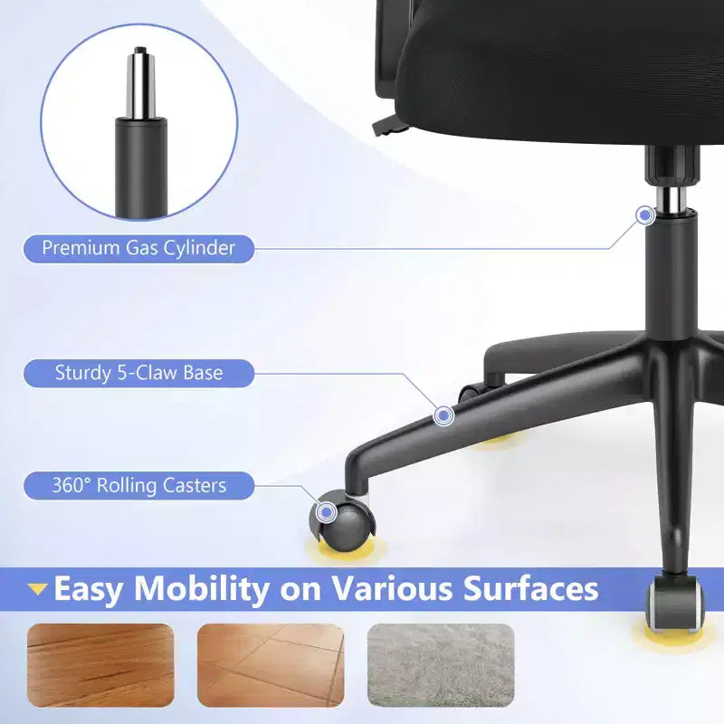 Fauteuil de bureau ergonomique en maille avec support lombaire, accoudoirs relevables et roulettes, 150 kg