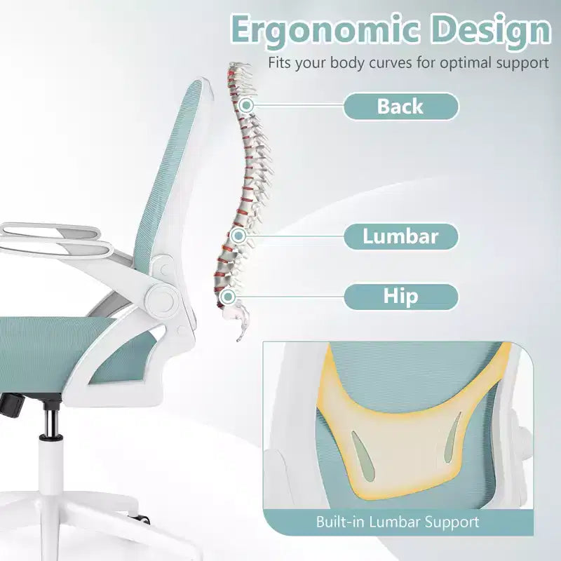 Fauteuil de bureau ergonomique en maille avec support lombaire, accoudoirs relevables et roulettes, 150 kg