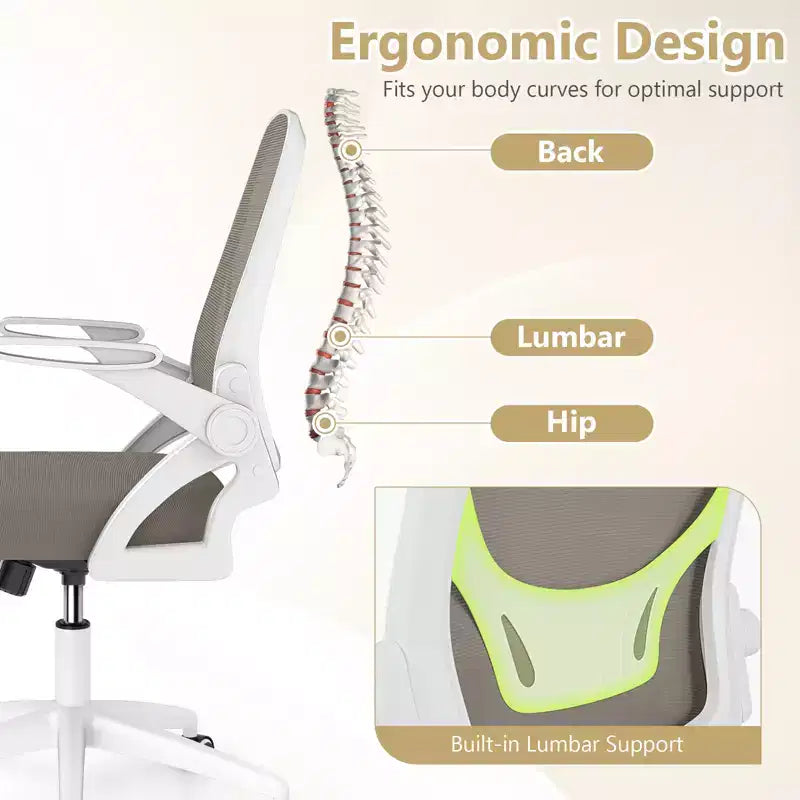 Fauteuil de bureau ergonomique en maille avec support lombaire, accoudoirs relevables et roulettes, 150 kg