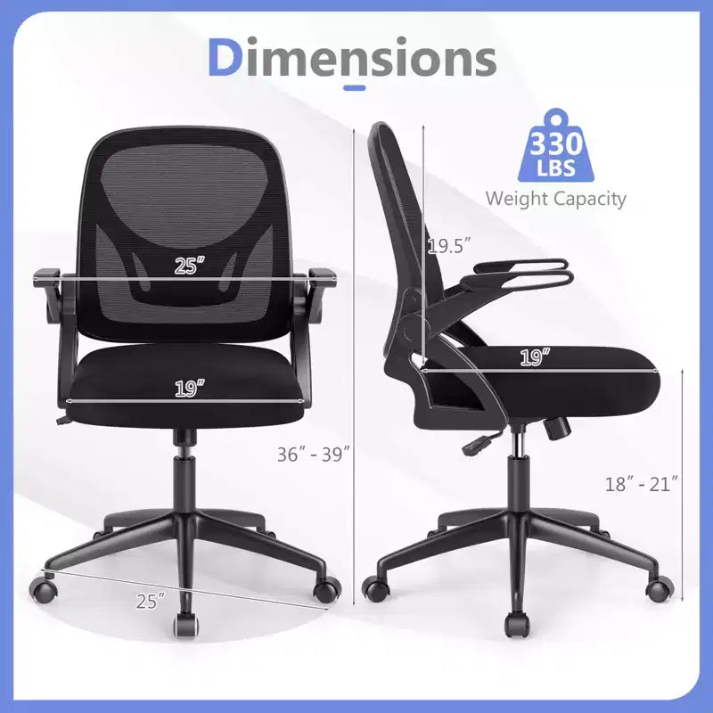 Fauteuil de bureau ergonomique en maille avec support lombaire, accoudoirs relevables et roulettes, 150 kg