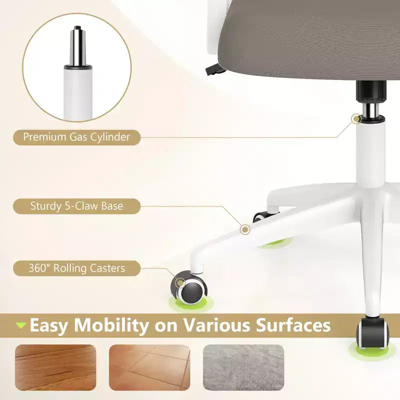 Fauteuil de bureau ergonomique en maille avec support lombaire, accoudoirs relevables et roulettes, 150 kg