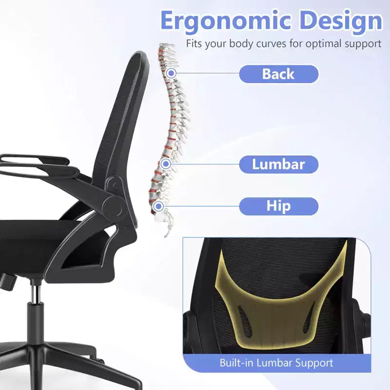 Fauteuil de bureau ergonomique en maille avec support lombaire, accoudoirs relevables et roulettes, 150 kg