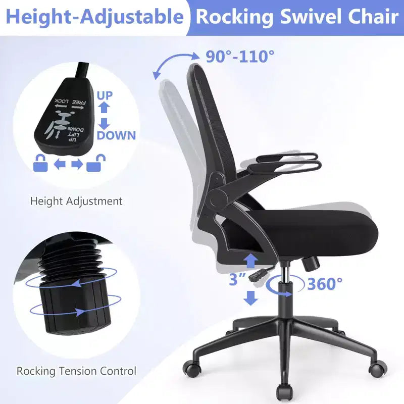 Fauteuil de bureau ergonomique en maille avec support lombaire, accoudoirs relevables et roulettes, 150 kg